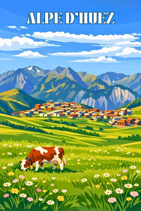 Alpe D'Huez, vue aérienne, estivale, Juillet-Août, époustouflante, poster, produit, décoration, photo, montagne.