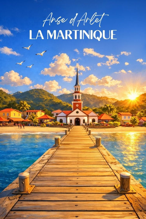 Eglise, Anse d'Arlet, Martinique, coucher de soleil, architecture, patrimoine, voyage, culture, caribéen, paysage.