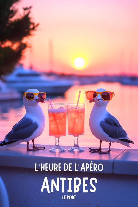 Affiche humoristique Antibes, apéro coucher de soleil, mouettes, déco murale plage, poster Côte d’Azur