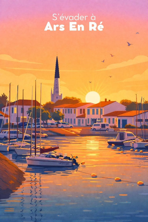 Affiche, Vintage, Retro, Ars En Ré, Déco, Port, Coucher de Soleil, Design, Murale, Art.