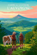 Poster, déco, Auvergne, paysage, volcanique, randonneurs, nature, amoureux, décoration murale, impression artistique.