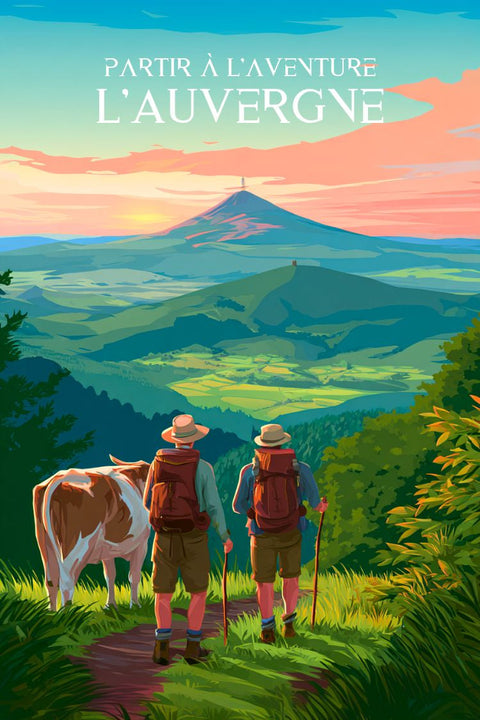 Poster, déco, Auvergne, paysage, volcanique, randonneurs, nature, amoureux, décoration murale, impression artistique.