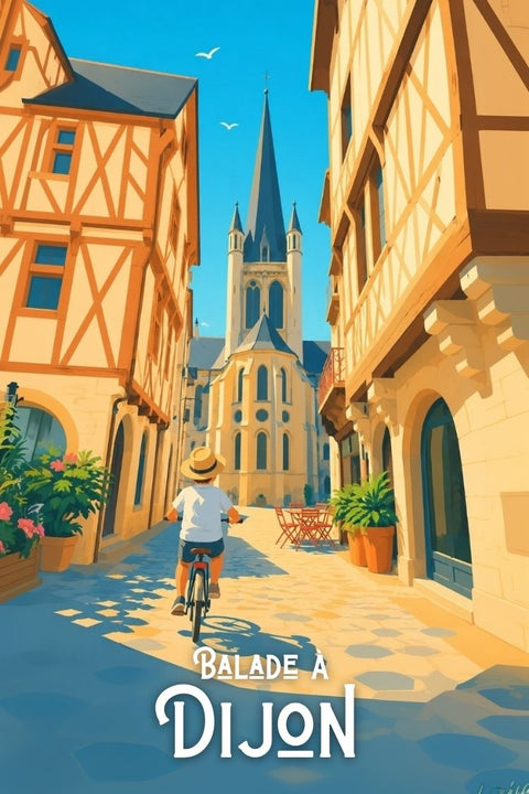 Affiche Balade Dijon Vélo Église Vintage