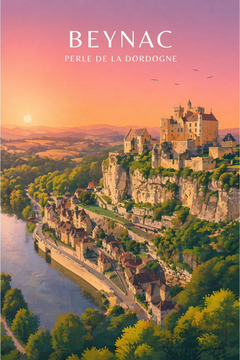 Poster, Château de Beynac, coucher de soleil, magnifique, décoration murale, impression artistique, paysage, photographie, France, patrimoine historique.