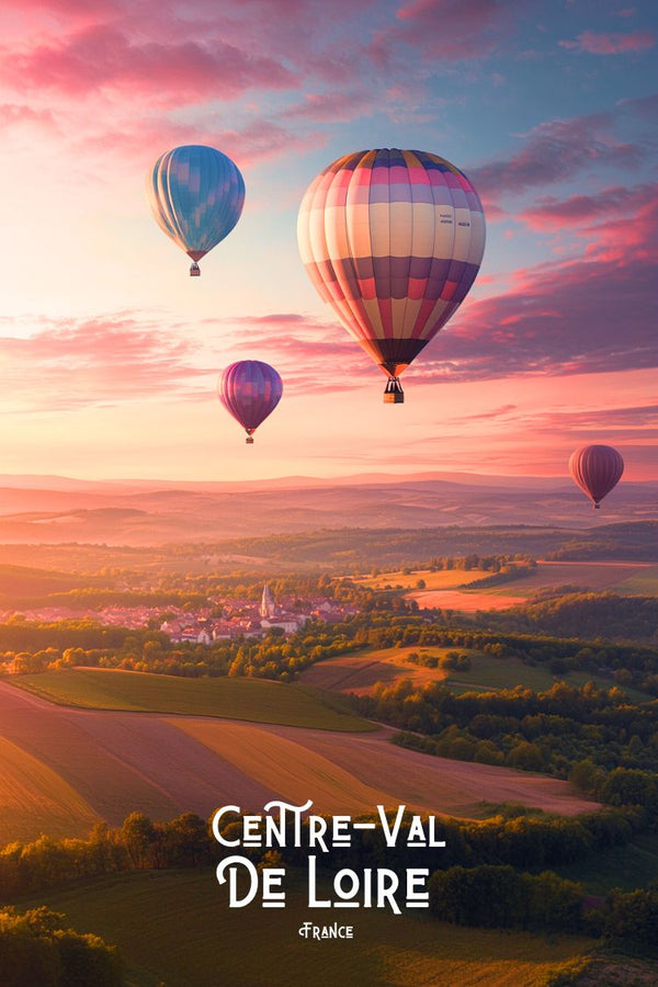 Affiche, Poster, Montgolfière, Coucher du Soleil, Val de Loire, Décoration, Mural, Paysage, France, Photographie.