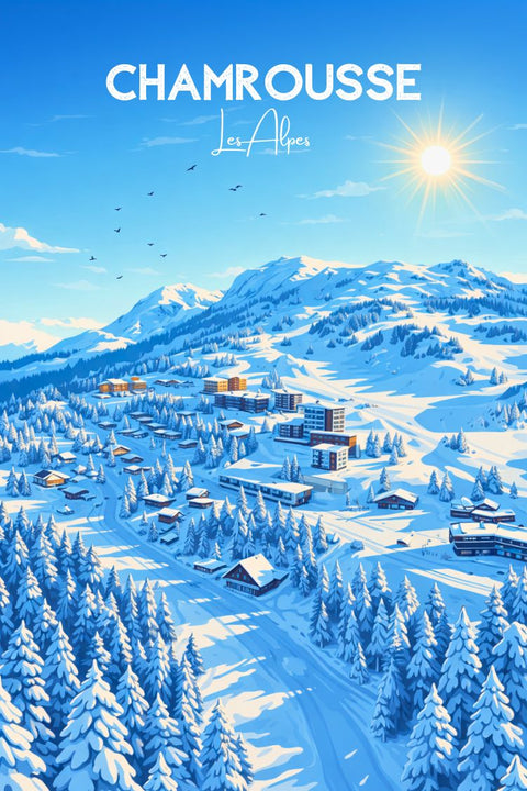 Poster, Illustré, Ski, Chamrousse, Déco, Montagne, Neige, Offrir, Art mural, Cadeau