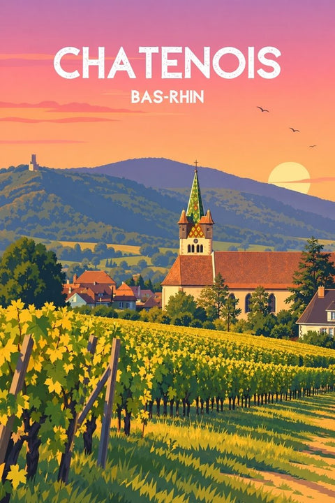 Affiche Chatenois Bas Rhin - Vigne, coucher de soleil, église