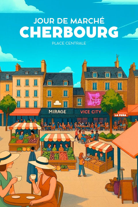 Affiche, Poster, Cherbourg, Décoration, Illustrée, Jour de Marché, Art, Murale, Design, Impression.