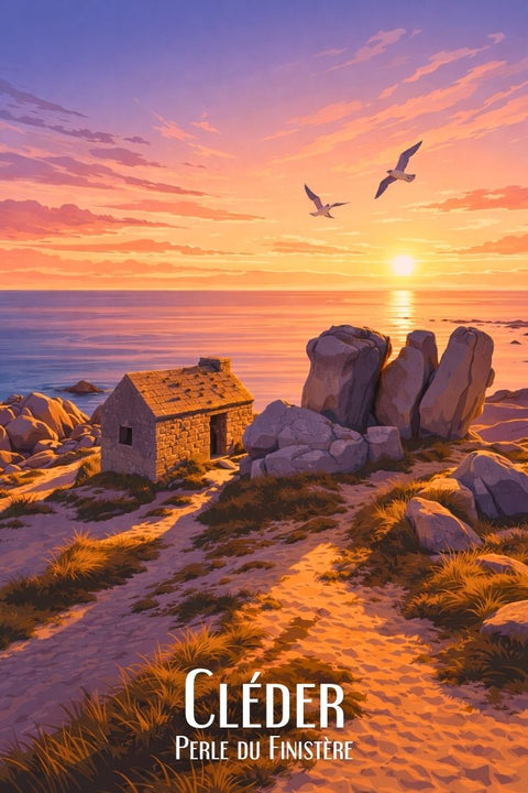 Affiche, Vintage, Cléder, Perle de Finistère, Coucher de Soleil, Inoubliable, Décoration, Murale, Voyage, Bretagne.