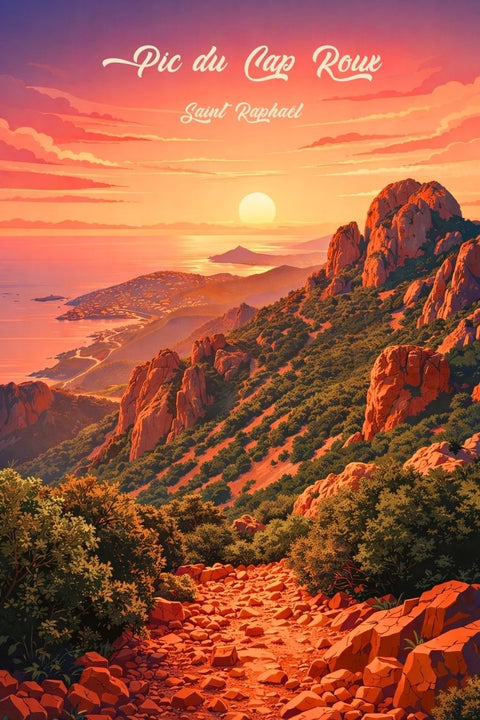 Poster, Coucher de Soleil, Saint Raphaël, Vue, Pic du Cap Roux, décor, murale, impression, art, paysage.