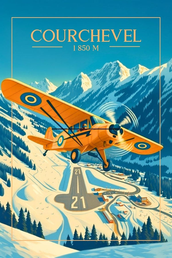 Courchevel, affiche, poster, art, avion, design, tendance, décoration, montagne, ski.