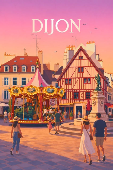 Affiche Dijon Vintage - Place collombage, décoration murale