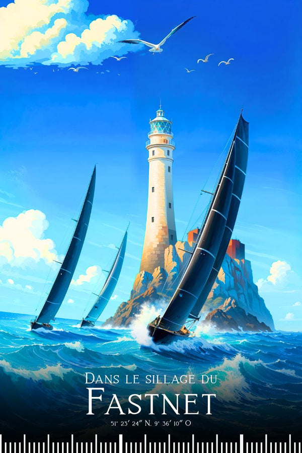 Affiche, Poster, Coucher de Soleil, Bateau de Course, Phare, Décoration, Paysage, Maritime, Murale, Impression.