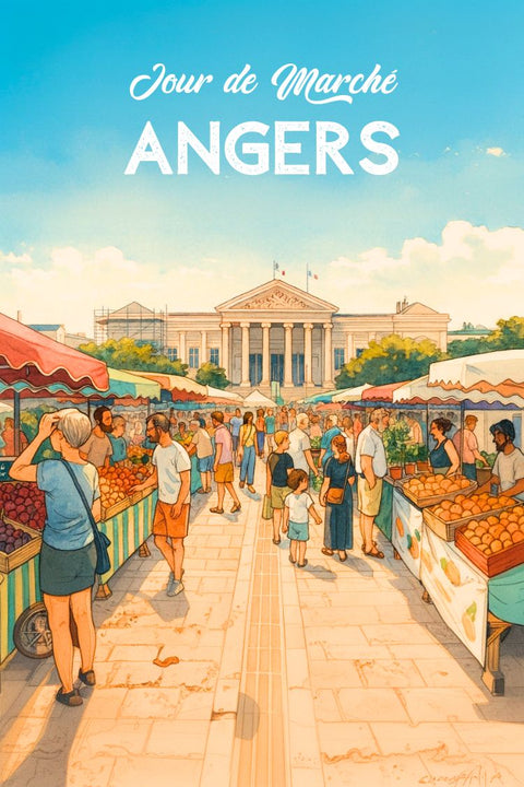 Angers, Jour de Marché, Affiche, Graphique, Cadeau, Unique, Art, Décoration, Français, Impression