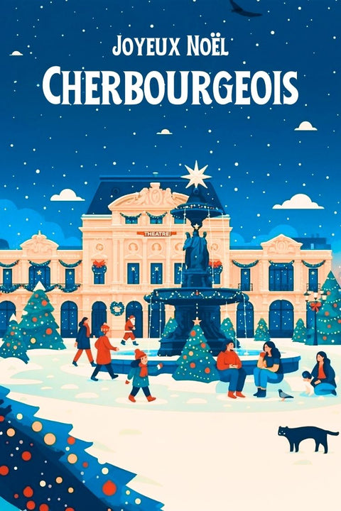 Affiche, Vintage, Joyeux Noël, Cherbourg, Poster, Retro, Hiver, Neige, Décoration, Murale.