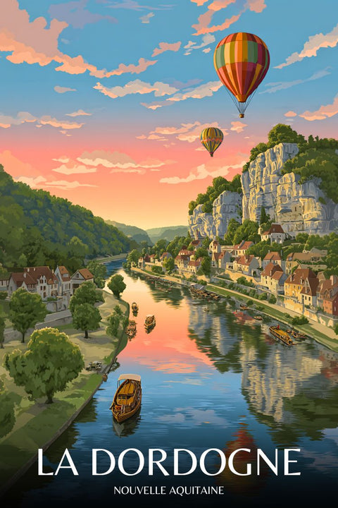 Affiche, Nouvelle Aquitaine, Décor, Montgolfière, Dordogne, Coucher de Soleil, Paysage, Décoration, Murale, Scénique.