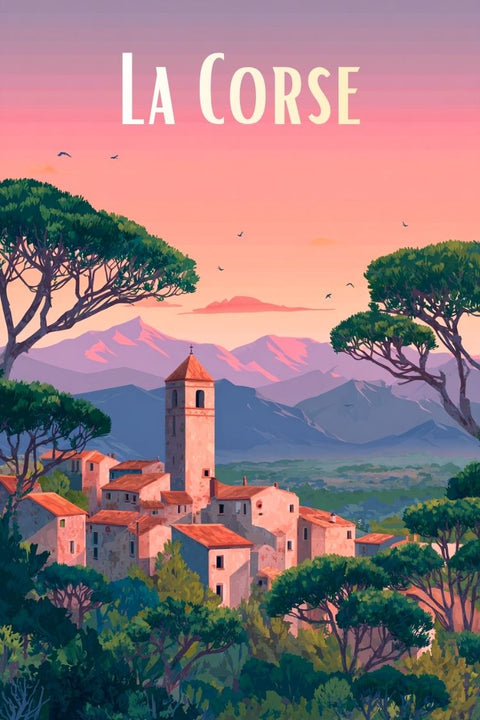 Affiche La Corse - Sunset vintage paysage
