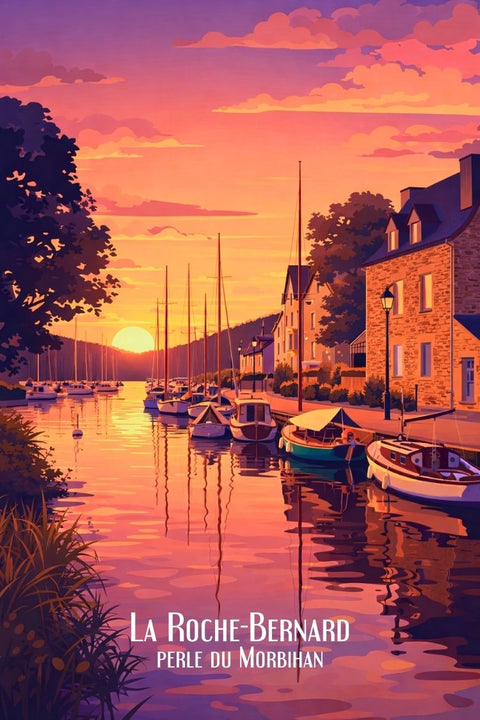 Affiche, Vintage, La Roche Bernard, Coucher de Soleil, Port, 56130, Tourisme, Décoration, Murale, Bretagne.