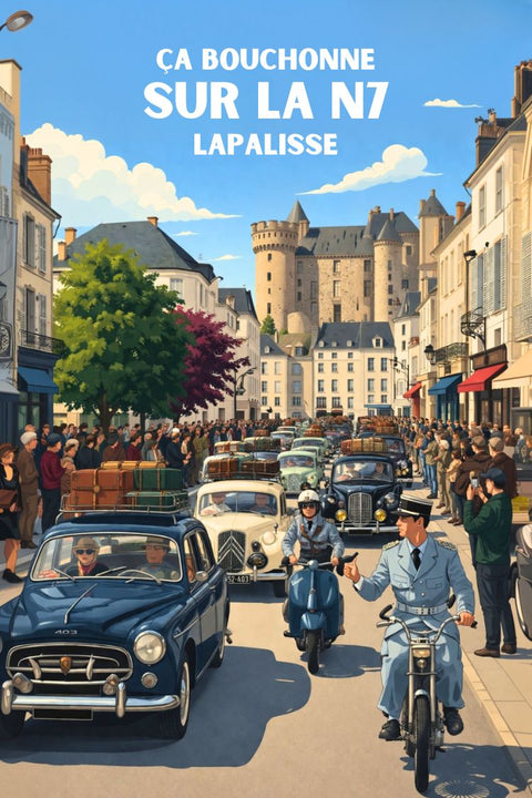 Affiche, Vintage, Lapalisse, Rétro, "Ça bouchonne sur la N7", Nostalgie, Décoration, Maison, Art, Rue.
