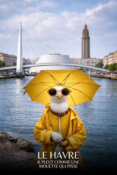 posters, humour, Havre, mouettes, pluie, rigolotes, décoration, murale, dessins, France.