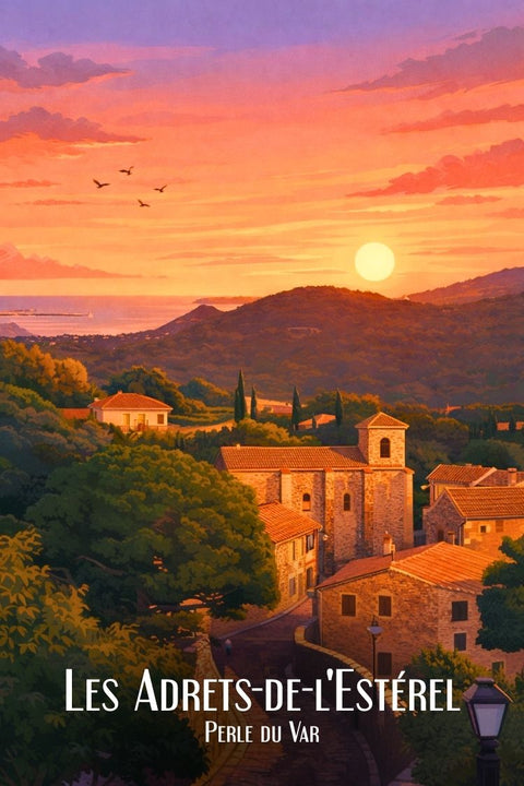 Déco, Murale, Retro, Vintage, Affiche, Coucher de Soleil, Les Adrets-de-l'Estérel, Art, Design, Maison.