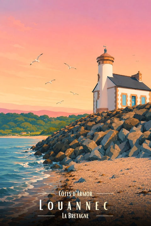 Affiche Louannec - Sunset phare plage.