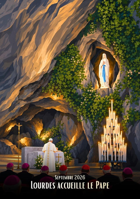 Affiche Lourdes - Pape, Vierge et grotte
