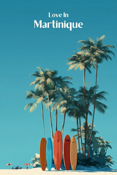 Martinique, amour, poster, tendance, surf, plage, décoration, murale, design, tropical.