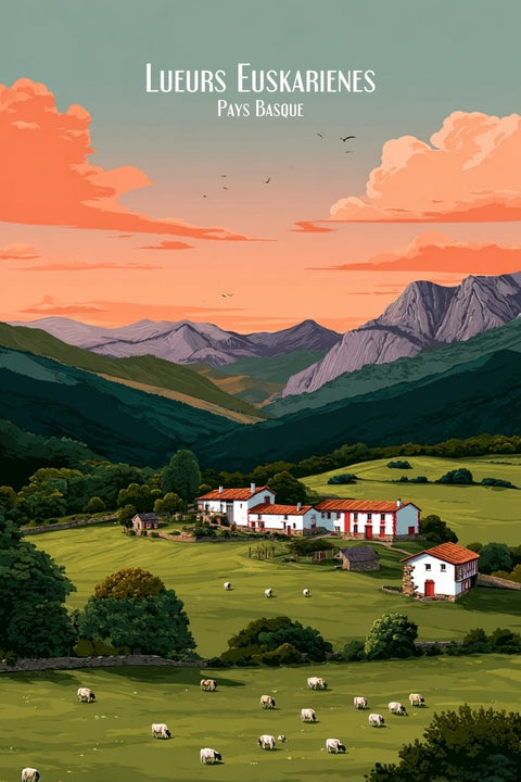 Affiche, Pays Basque, Moutons, Montagnes, Pyrénées, Lueurs, Euskarienes, Décoration, Art, Visuel.