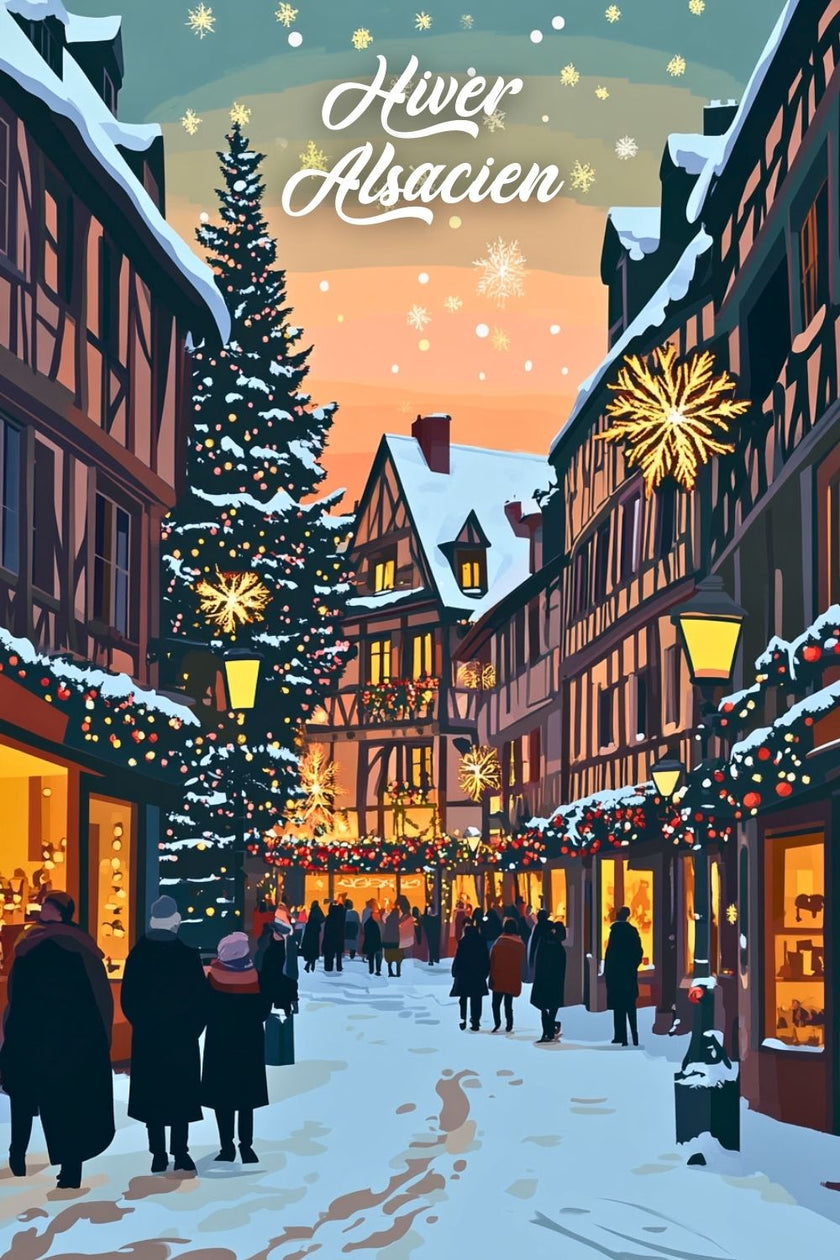 Affiche Alsace Hiver et Noël – villages enneigés et esprit marché de Noël