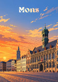affiche, poster, Mons, idée cadeau, coucher de soleil, place, décoration, objet souvenir, Wallonie, Belgique