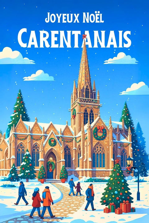 Noël, Carentan, hiver, enneigé, affiche, poster, décoration, murale, paysage, maison.