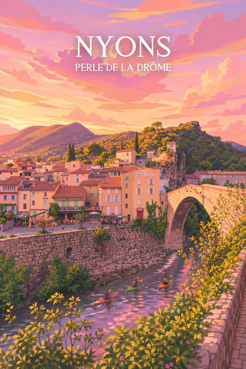 Affiche, Poster, NyOns, déco murale, perle de la Drôme, coucher de soleil, illustration, décoration intérieure, paysage, art mural.