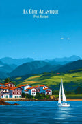 Affiche, minimaliste, Pays Basque, voilier, villa, bord, océan, décoration, mural, art.