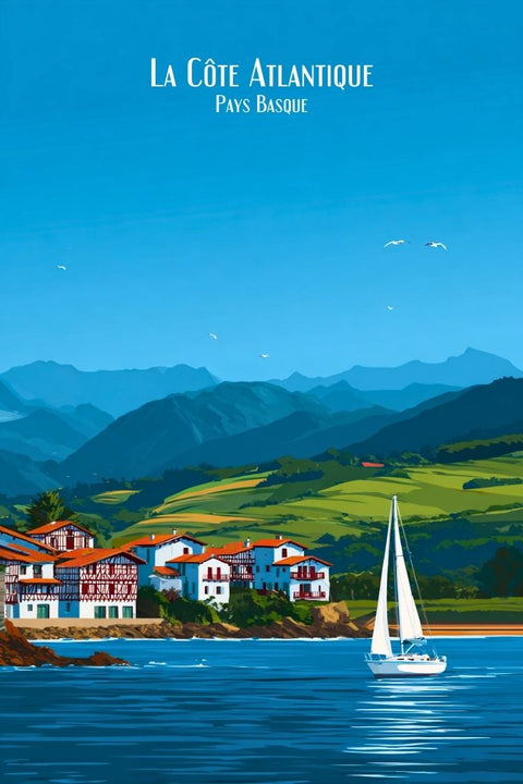 Affiche, minimaliste, Pays Basque, voilier, villa, bord, océan, décoration, mural, art.