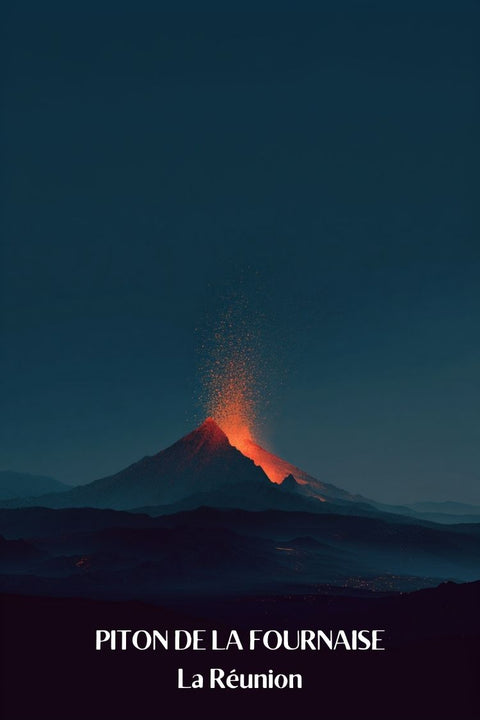 Affiche, Retro, Vintage, Piton de la Fournaise, Éruption, La Réunion, Décoration, Murale, Graphique, Voyage.