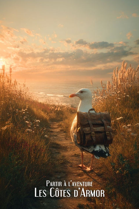 affiche, "Partir à l'Aventure", Côtes d'Armor, dessinée, décorative, murale, voyage, Bretagne, tourisme, illustration.