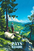 Poster, Pays Basque, Fermier, Mouton, Montagne, Affiche, Art, Décoration, Paysage, Région.