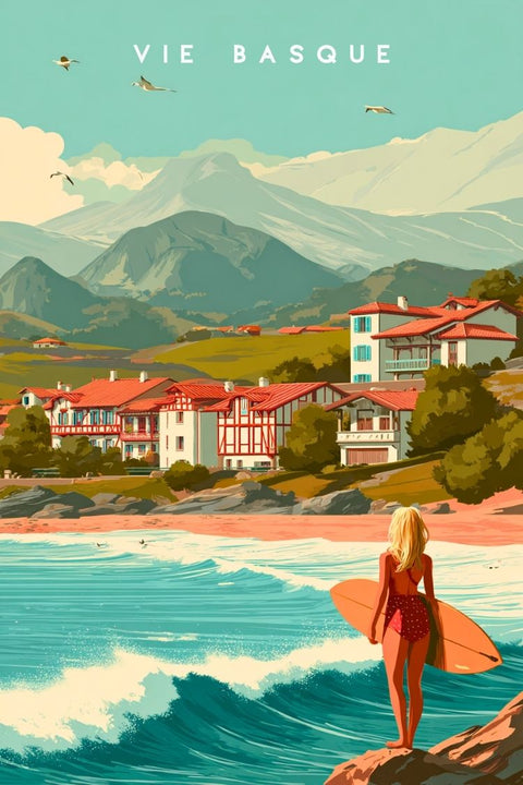Affiche, Vintage, Surf, Pays Basque, Déco, Murale, Unique, Art, Design, Nautique