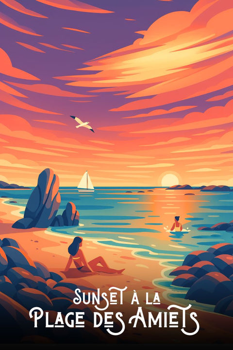 Affiche, Poster, Coucher de Soleil, Plage, Amiets, Bretagne, Décoration, Murale, Paysage, Nature.