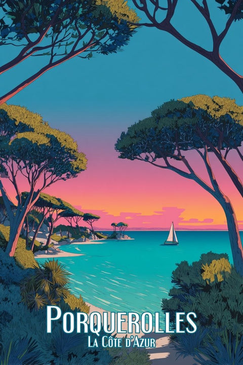 Affiche, vintage, Porquerolles, déco murale, coucher de soleil, plage, décoration, rétro, mural, paysage marin.