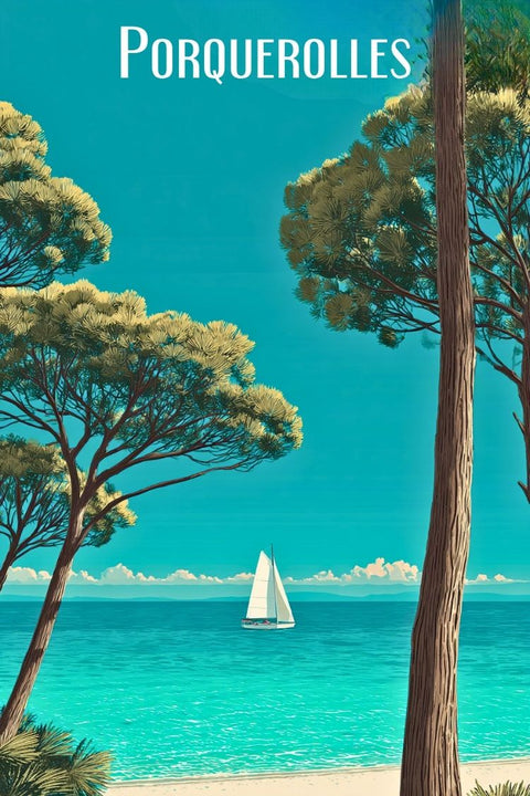 Affiche, Poster, Porquerolles, Déco, Bord de mer, Bleu turquoise, Décoration murale, Design, Art, Paysage marin