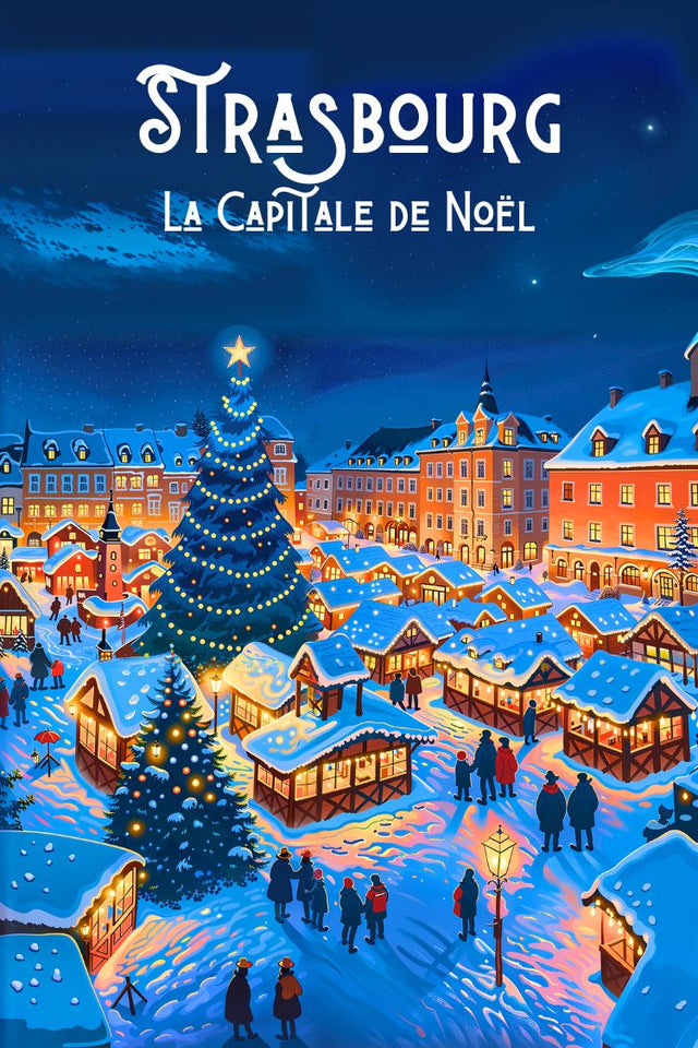 Affiche rétro Marché de Noël de Strasbourg 2025 – Place Kléber, chalets et grand sapin