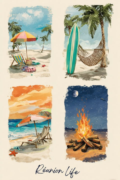 Belle Vie, Réunion, Affiches, Aquarelle, Unique, Découverte, Voyage, Paysage, Art, Décoration.