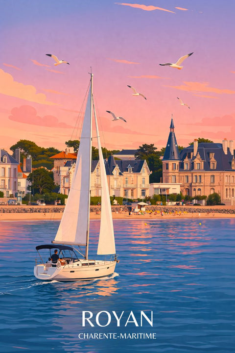 Royan, voilier, coucher de soleil, déco, tendance, villa, affiche, mural, design, nautique.