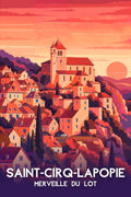 Affiche, Illustrée, Unique, Saint Cirq Lapopie, Poster, Artisanal, Lot, Design, Décoration, Souvenir.