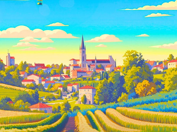 Illustration Saint-Émilion, vin, vignoble et montgolfière en déco murale.