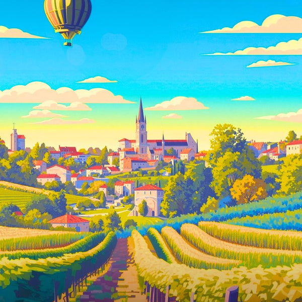 Illustration Saint-Émilion, vin, vignoble et montgolfière en déco murale.