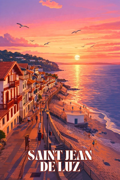 Affiche, coucher de soleil, Saint Jean de Luz, déco murale, merveilleuse, décoration, mural, paysage, art, mer.