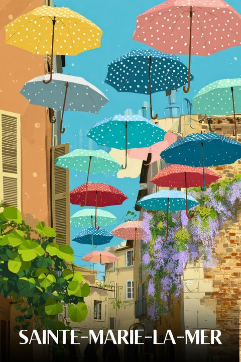 Affiche Sainte-Marie-la-Mer - Ville parapluie tendance douceur